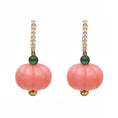 Load image into Gallery viewer, Natural Emerald Round Cabs and Pink Opal Carving Beads 14K gold earrings front view - NFJSD-1335
