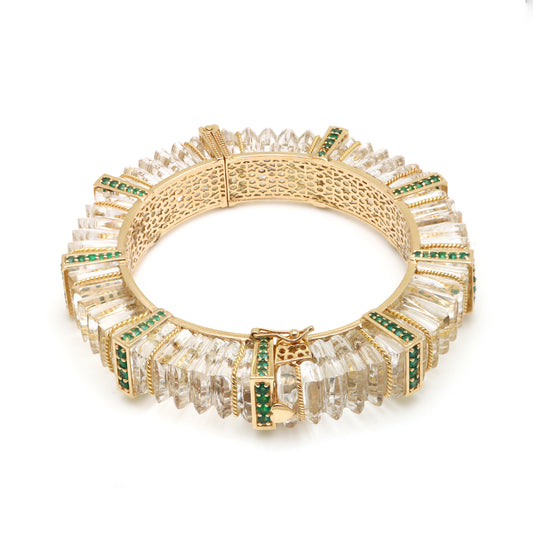 Natural Emerald Round Cuts and Crystal Quartz Fancy Carving 14K gold bangle side angle - NFJSD-1060