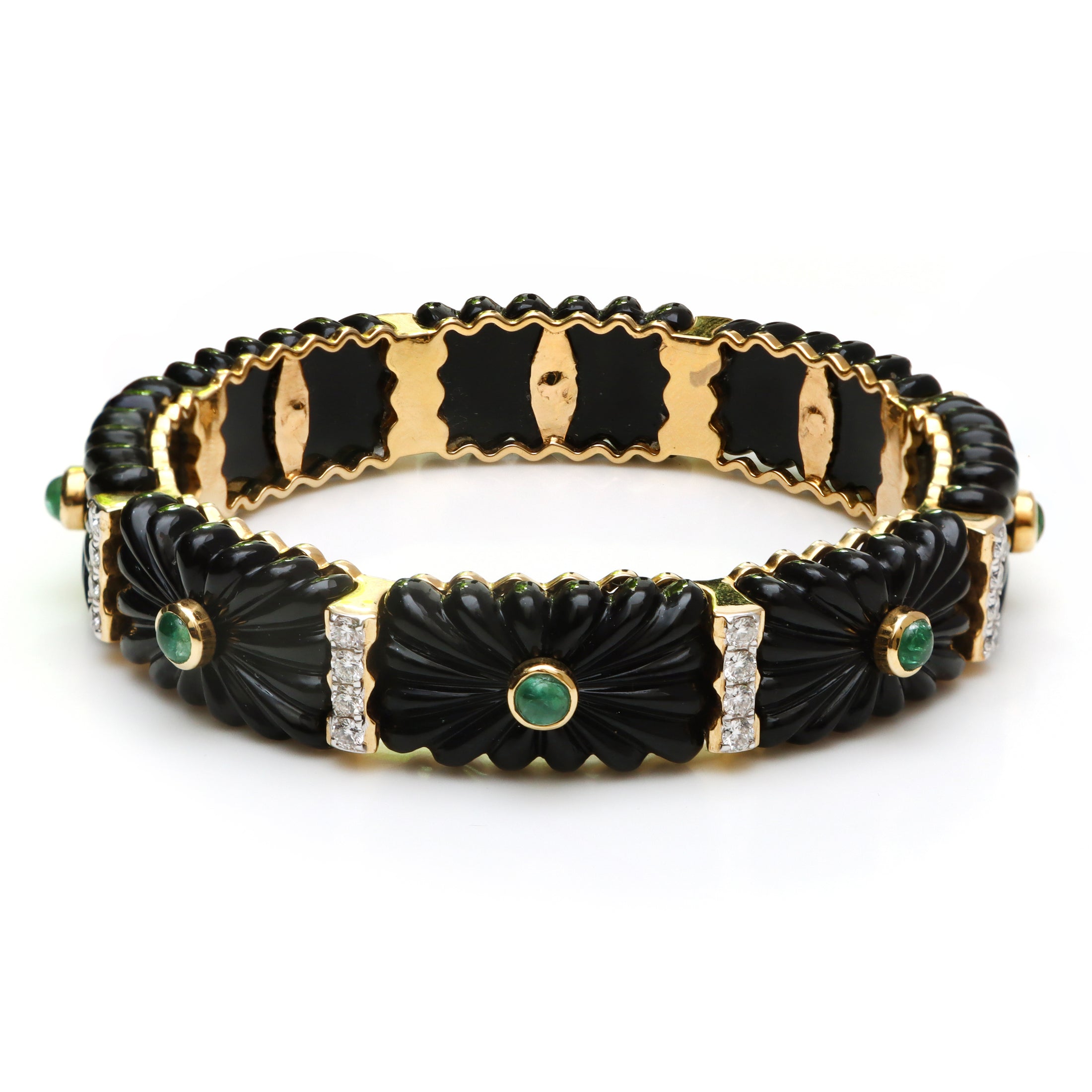 Natural Emerald Round Cabs and Black Onyx Carving 14K gold bangle side angle - NFJSD-1128