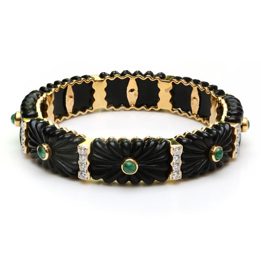 Natural Emerald Round Cabs and Black Onyx Carving 14K gold bangle side angle - NFJSD-1128