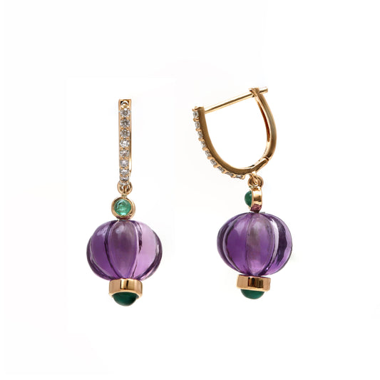 Natural Amethyst Carving and Emerald 18K gold earrings front view - NFJSD-1757