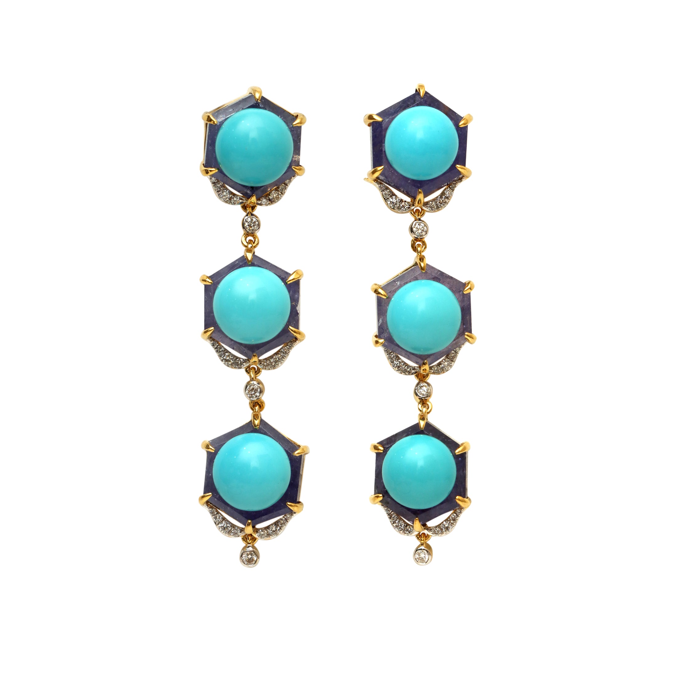 Natural Tanzanite and Turquoise 18K gold earrings front view - NFJSD-1910