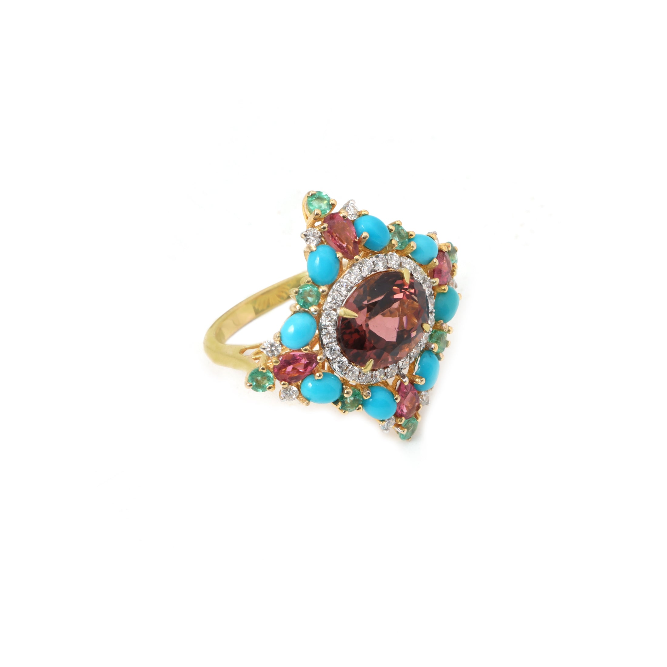 Natural Rubellite and Mix Tourmaline 18K gold ring back view - NFJSD-1628