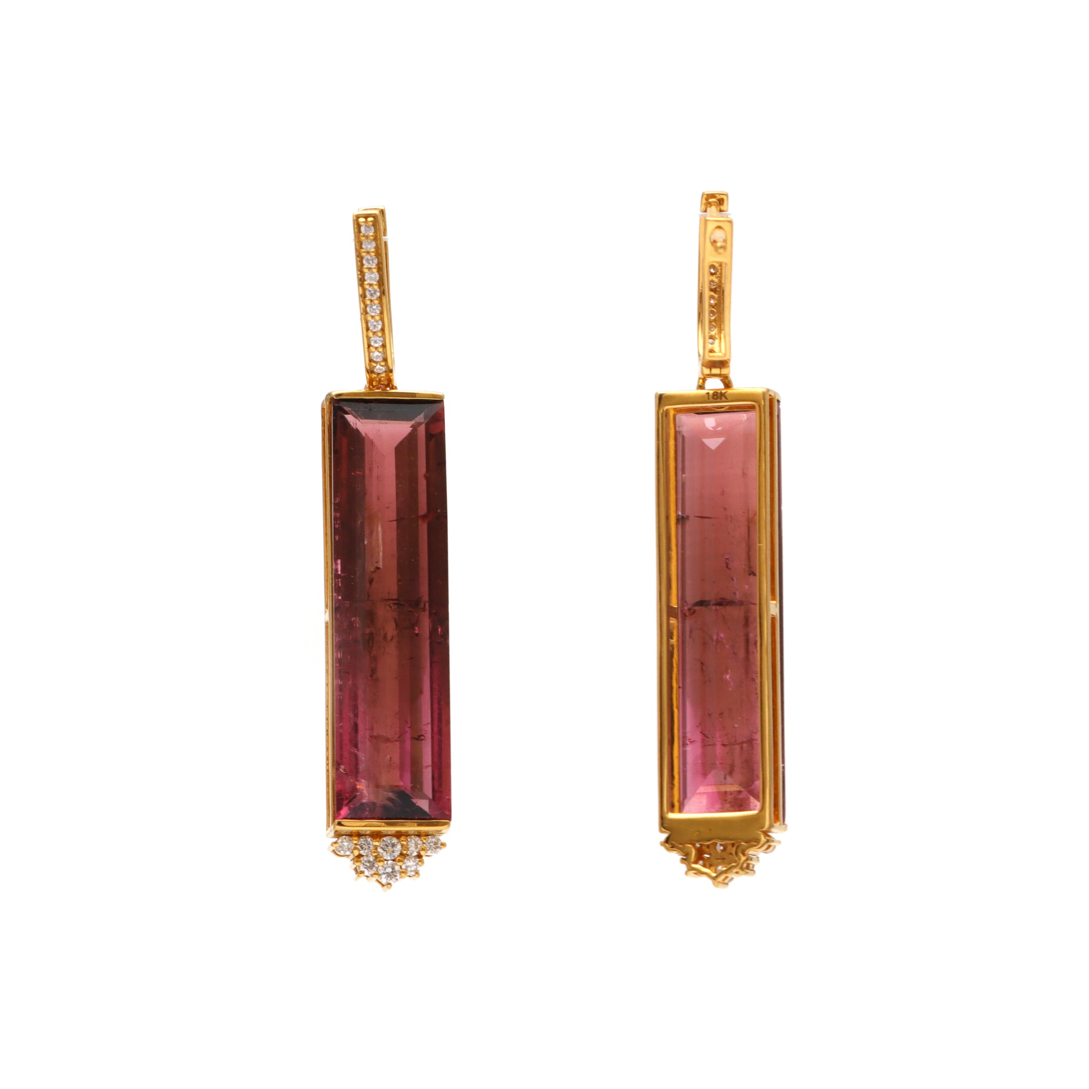 Natural Pink Tourmaline 18K gold earrings close-up detail - NFJSD-1619