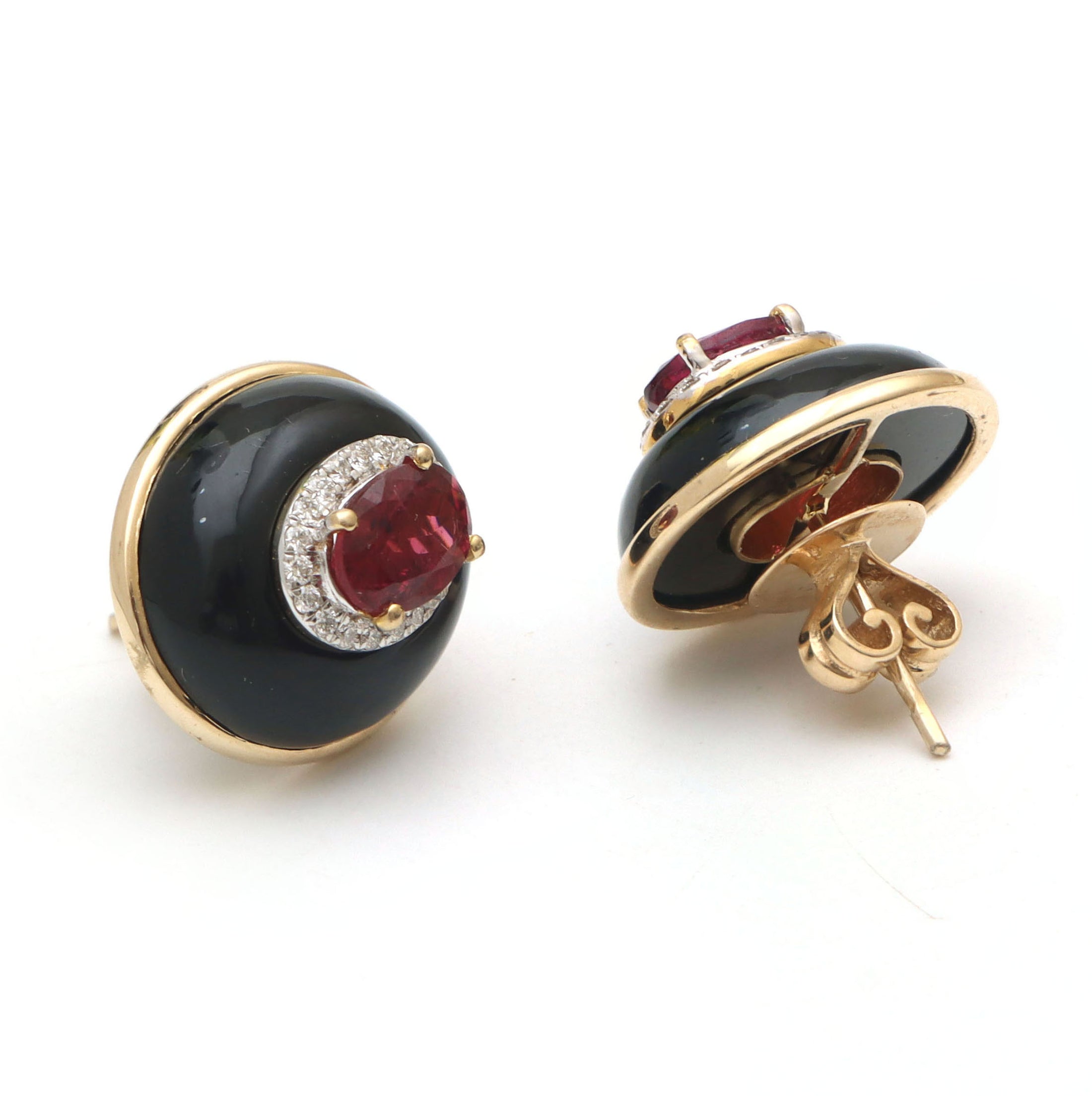 Natural Black Onyx Oval Frame and Tourmaline Oval Cut 14K gold earrings top view - NFJSD-1016