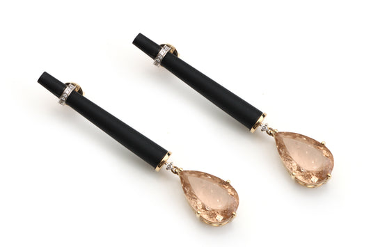 Natural Black Onyx Tube and Tourmaline Pear Cut 14K gold earrings front view - NFJSD-1070