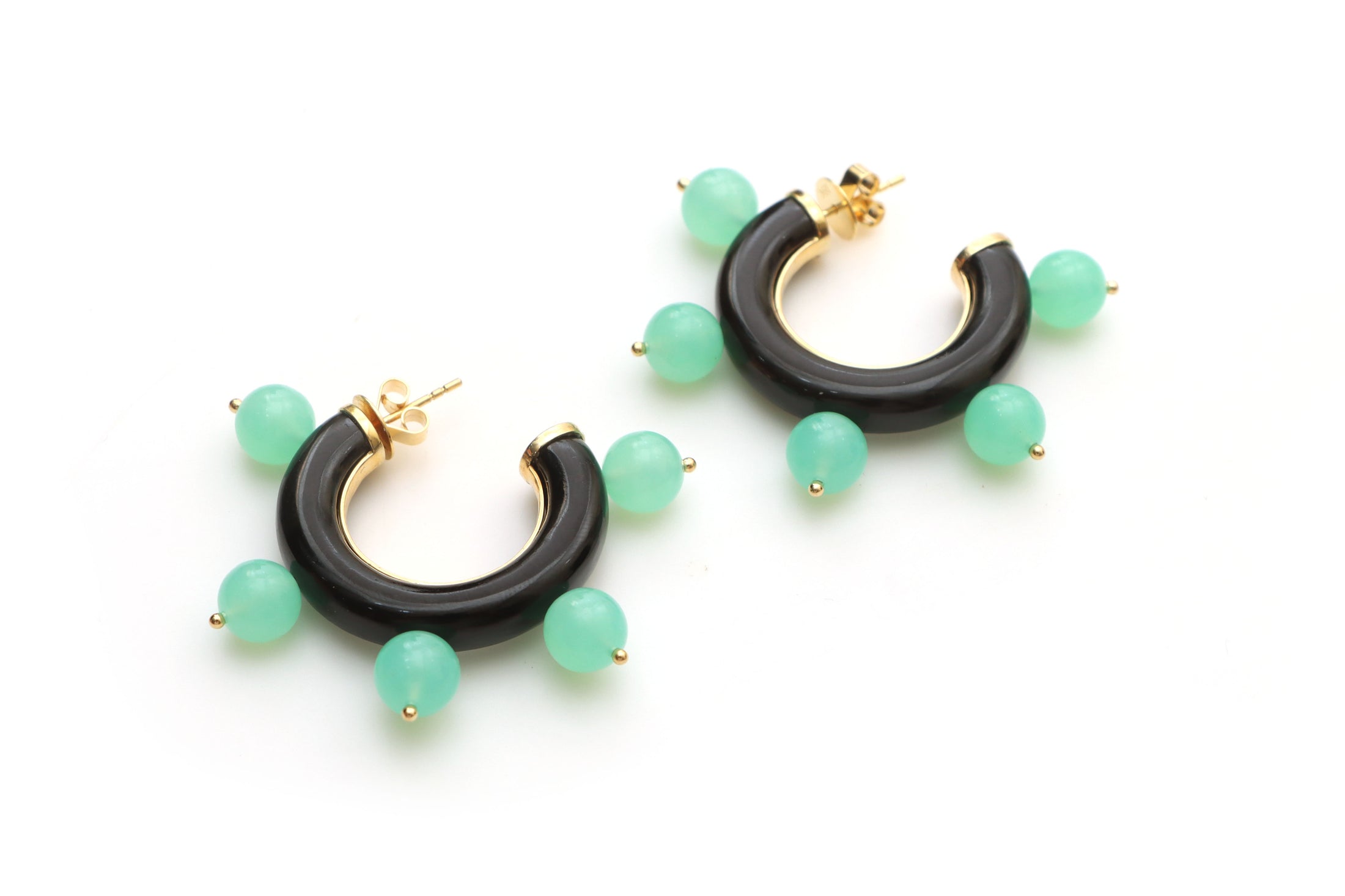Natural Chrysoprase Smooth Balls and Black Onyx Carving 18K gold earrings front view - NFJSD-1399