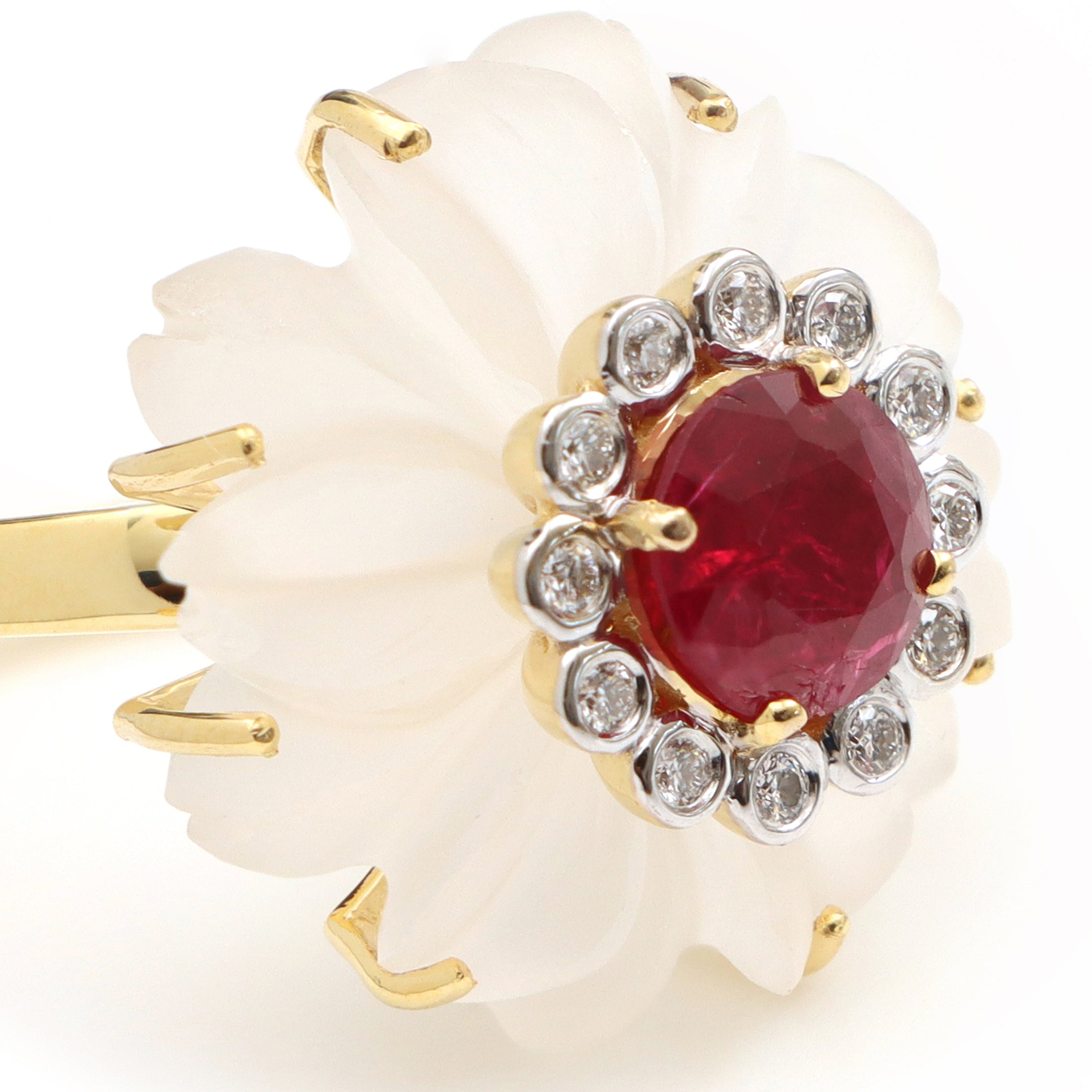 Natural Ruby Round Cut and Crystal Quartz Carving  Flower 14K gold ring top view - NFJSD-1245