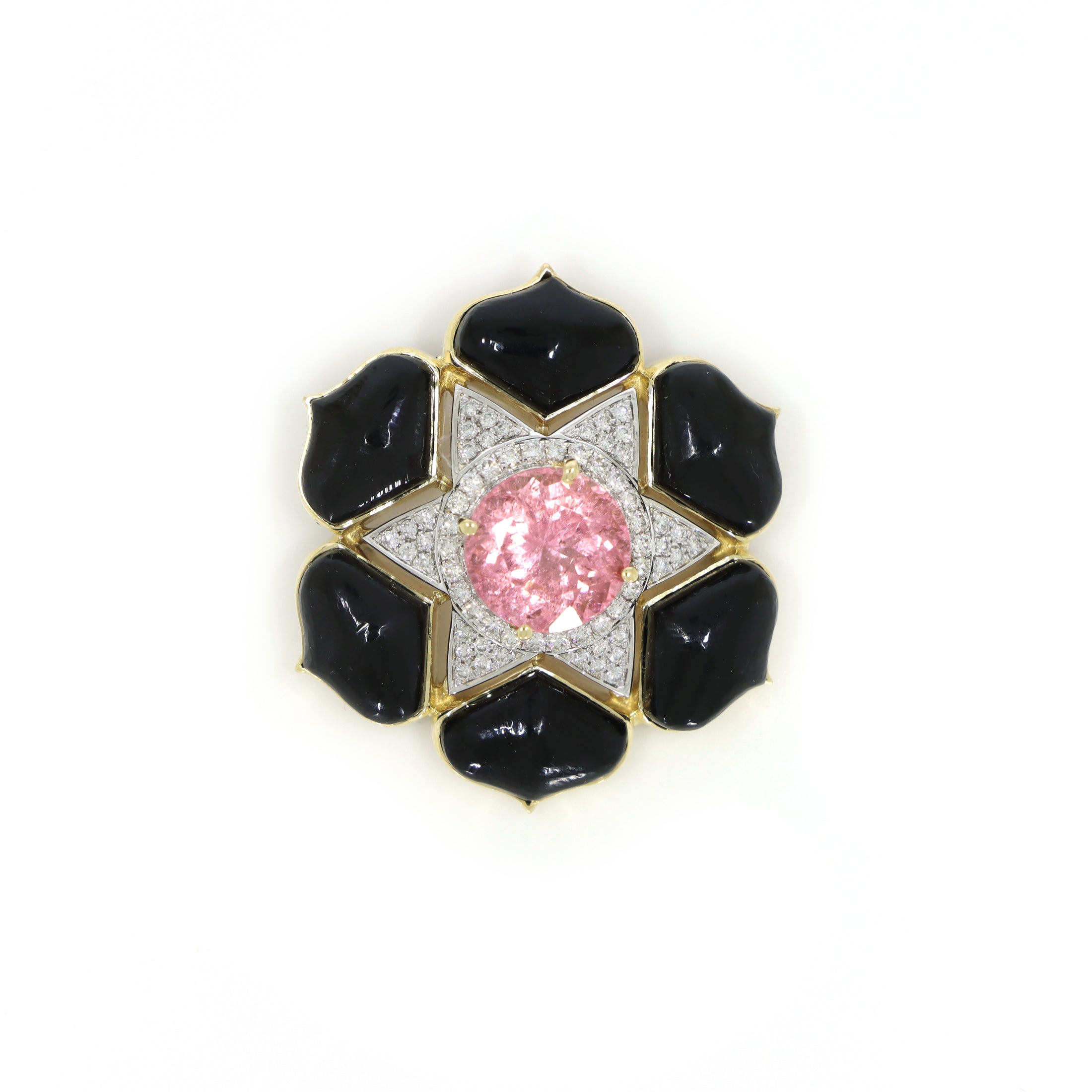 Natural Tourmaline Oval Cut and Black Onyx Leaf 14K gold pendant side angle - NFJSD-1243