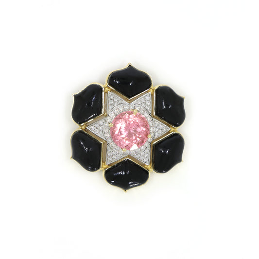 Natural Tourmaline Oval Cut and Black Onyx Leaf 14K gold pendant side angle - NFJSD-1243