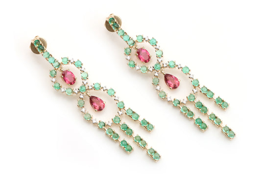 Natural Emerald Round Cabs and tourmaline Oval & Pear Cut 14K gold earrings front view - NFJSD-1075