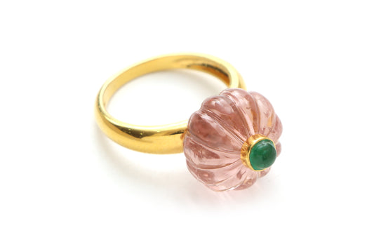 Natural Tourmaline Carving and Emerald Cab 14K gold ring front view - NFJSD-1006