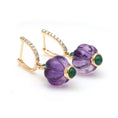 Load image into Gallery viewer, Natural Amethyst Carving and Emerald 18K gold earrings side angle - NFJSD-1757
