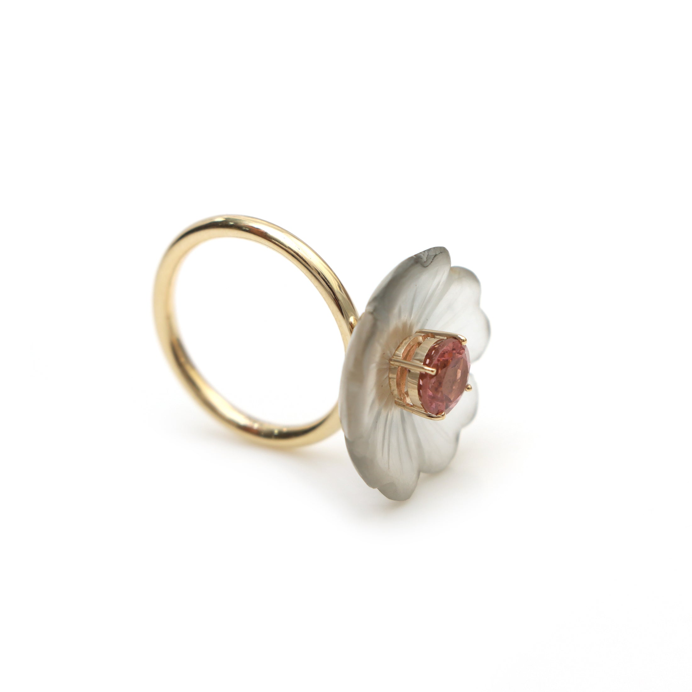 Natural Crystal Carving and Pink Tourmaline 14K gold ring back view - NFJSD-1556