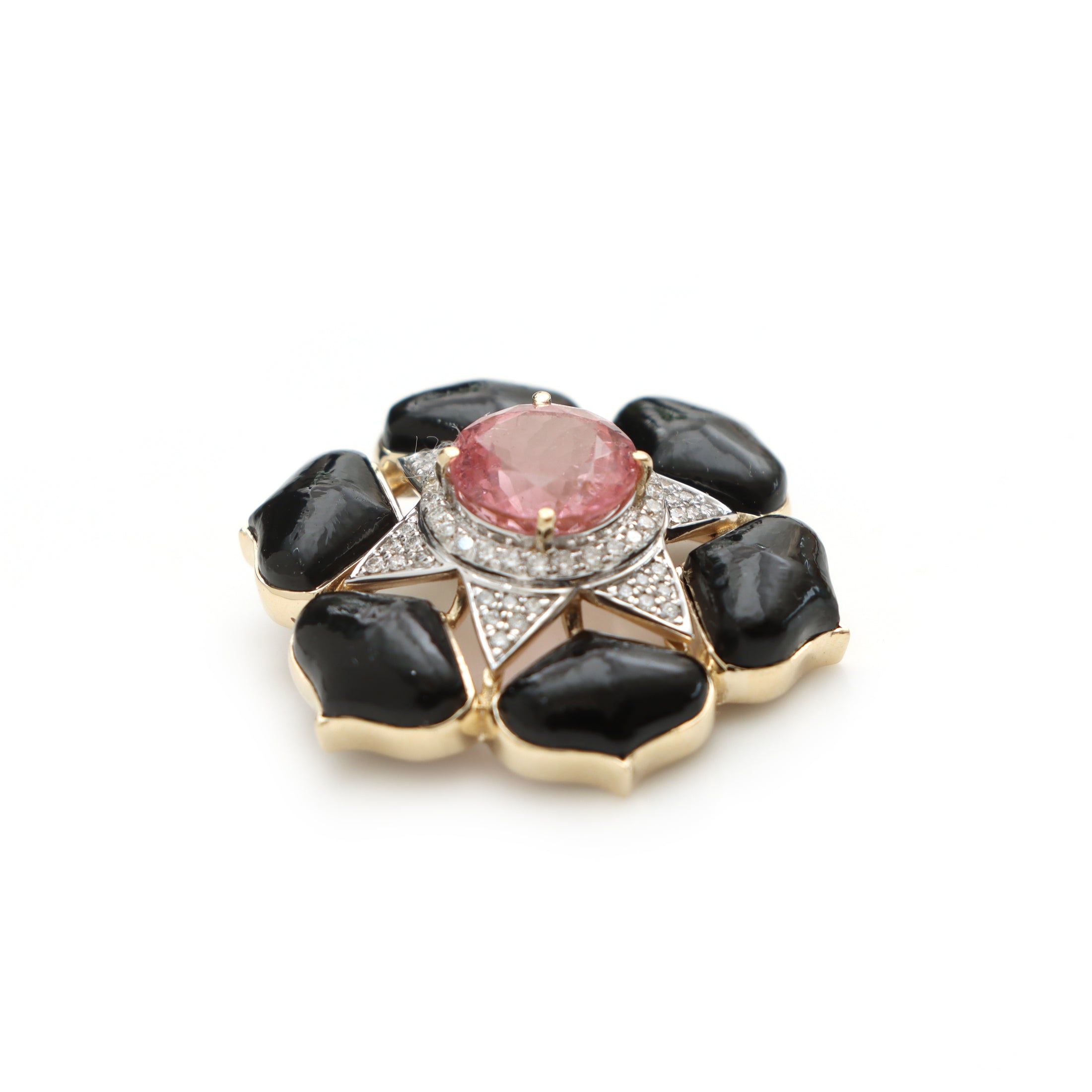 Natural Tourmaline Oval Cut and Black Onyx Leaf 14K gold pendant close-up detail - NFJSD-1243