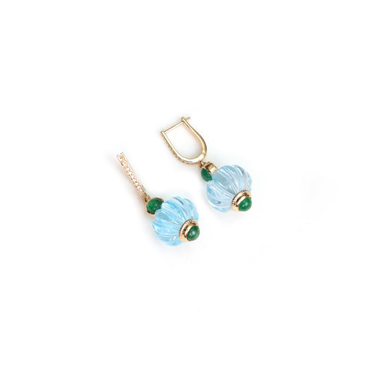 Natural Blue Topaz and Emerald 14K gold earrings front view - NFJSD-2028