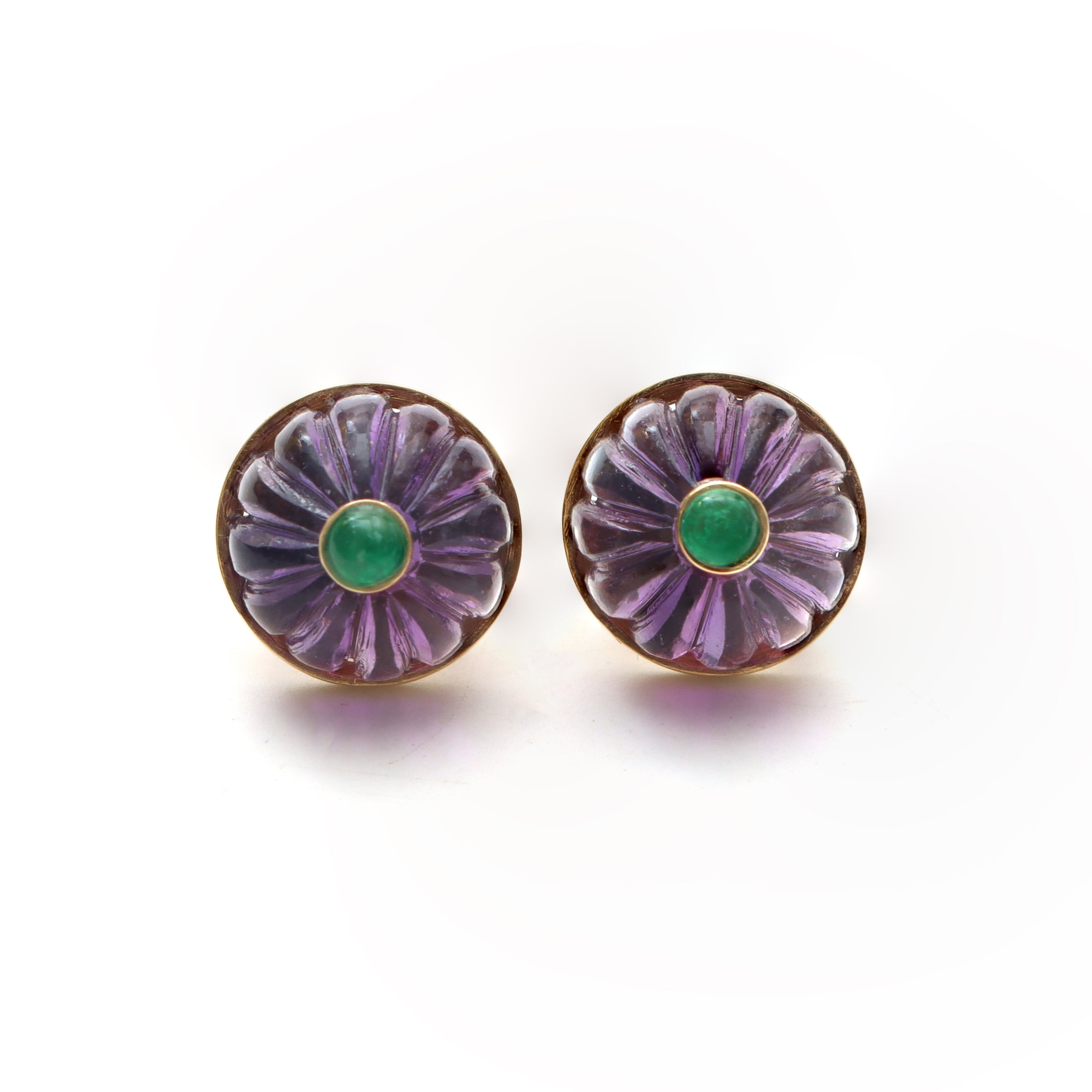 Natural Amethyst Carving Balls and Emerald Round Cabs 14K gold earrings close-up detail - NFJSD-1031