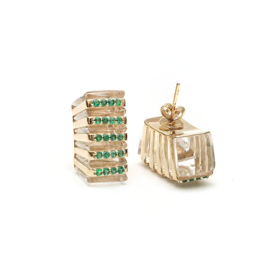 Natural Emerald Round Cuts and Crystal Quartz Fancy Carving 14K gold earrings side angle - NFJSD-1061