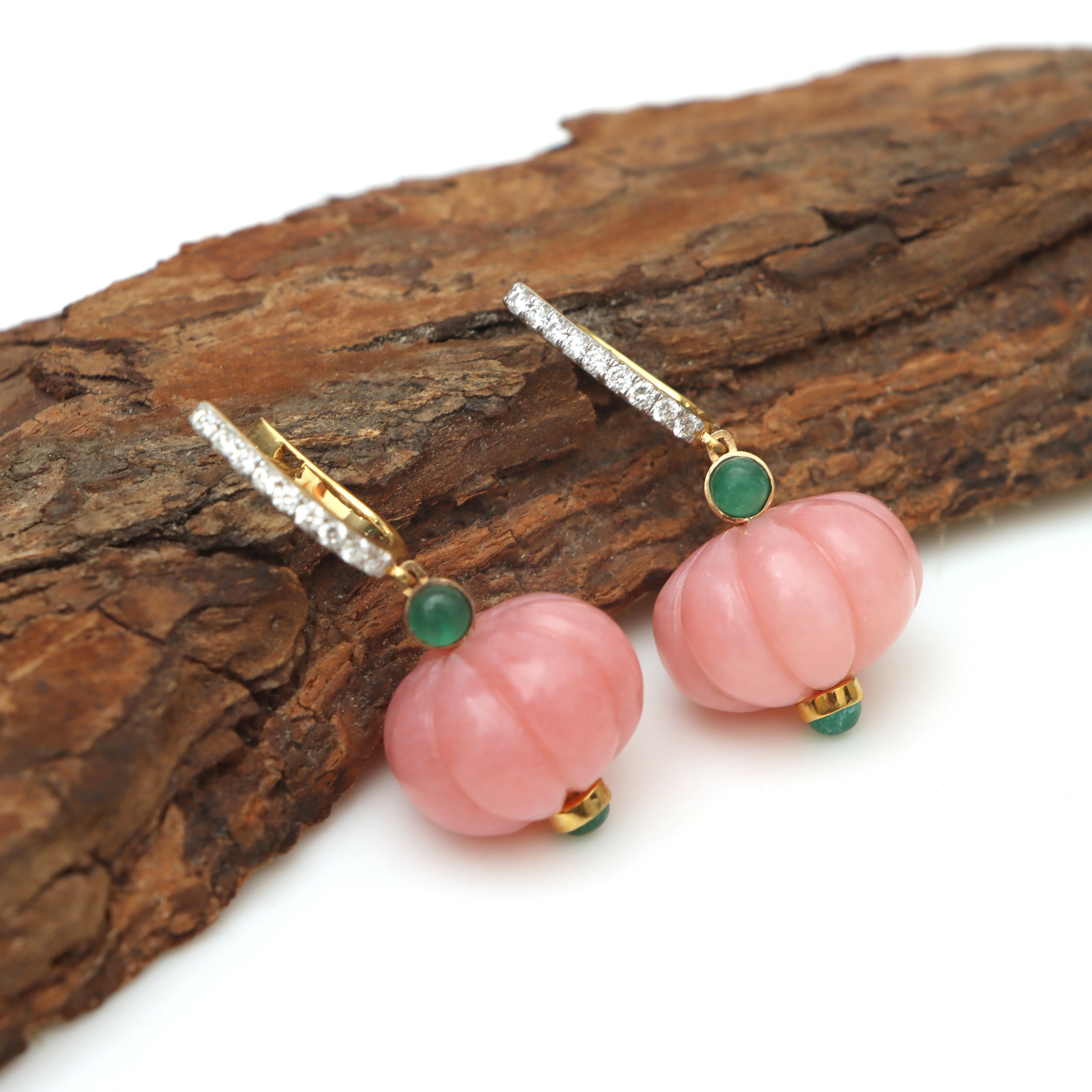 Natural Emerald Round Cabs and Pink Opal Carving Beads 14K gold earrings back view - NFJSD-1335