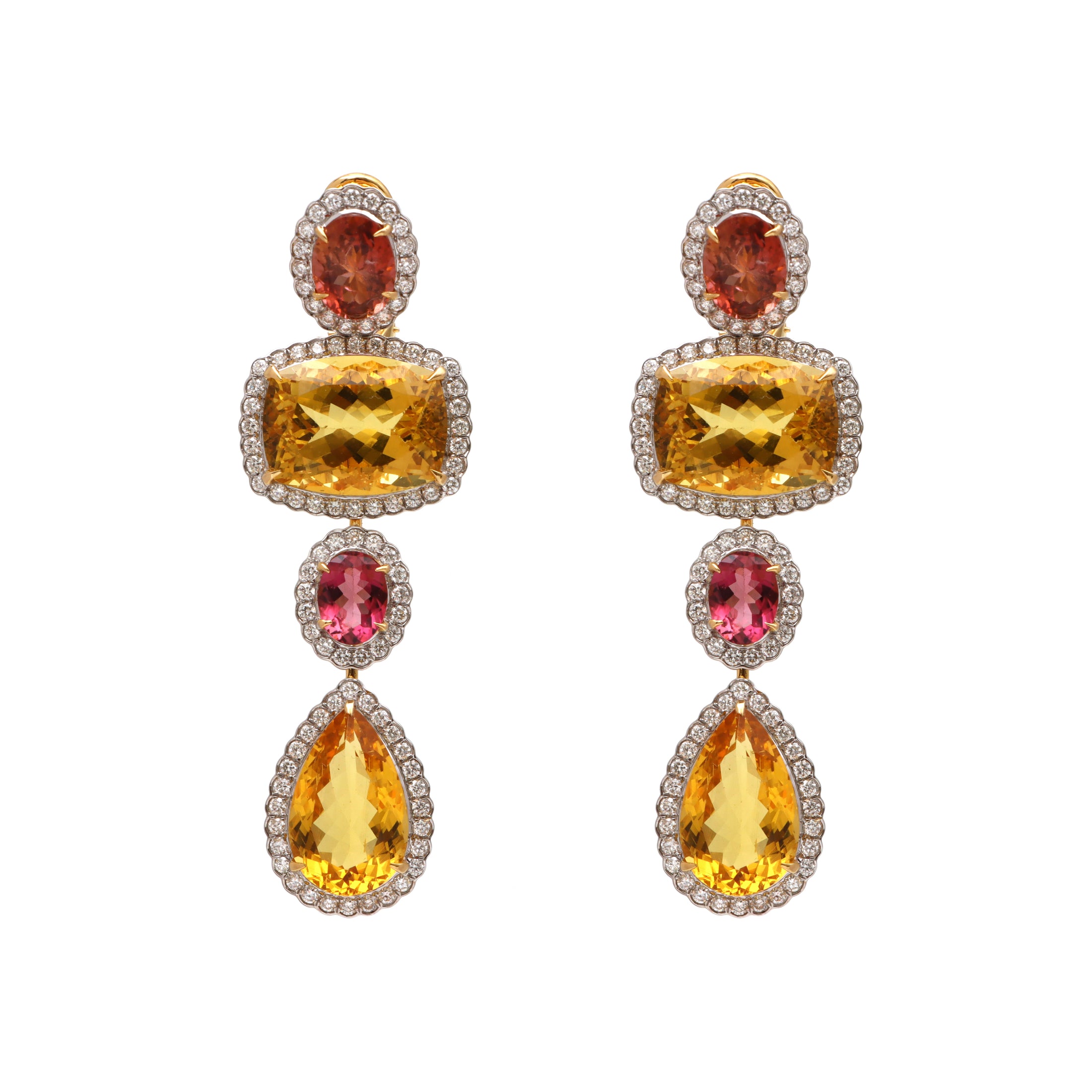 Natural Mix Tourmaline and Yellow Aqua 18K gold earrings front view - NFJSD-1634