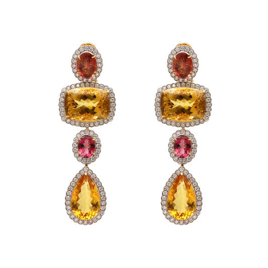Natural Mix Tourmaline and Yellow Aqua 18K gold earrings front view - NFJSD-1634
