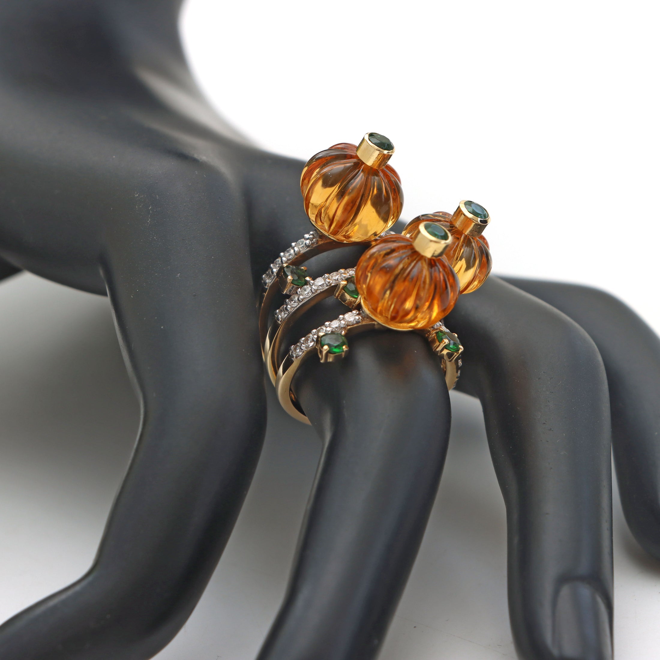 Natural Citrine CArving Balls and Green Tourmaline 14K gold ring back view - NFJSD-1034