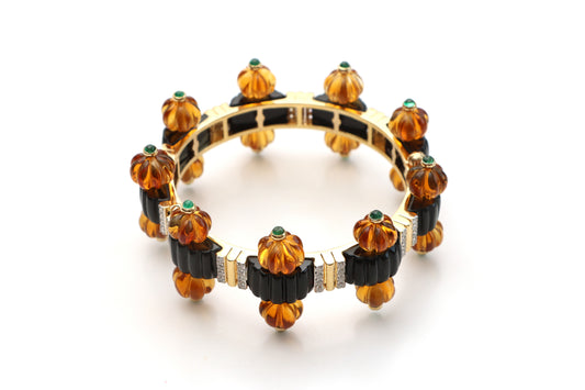 Natural Citrine Carving Balls and Emerald Round Cabs 14K gold bangle front view - NFJSD-1125