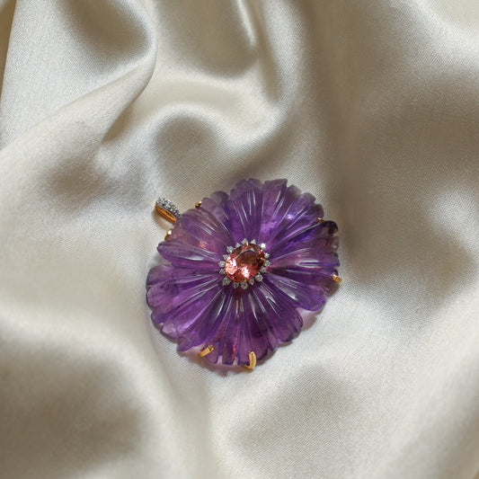 Natural Amethyst and Tourmaline 18K gold pendant side angle - NFJSD-1697