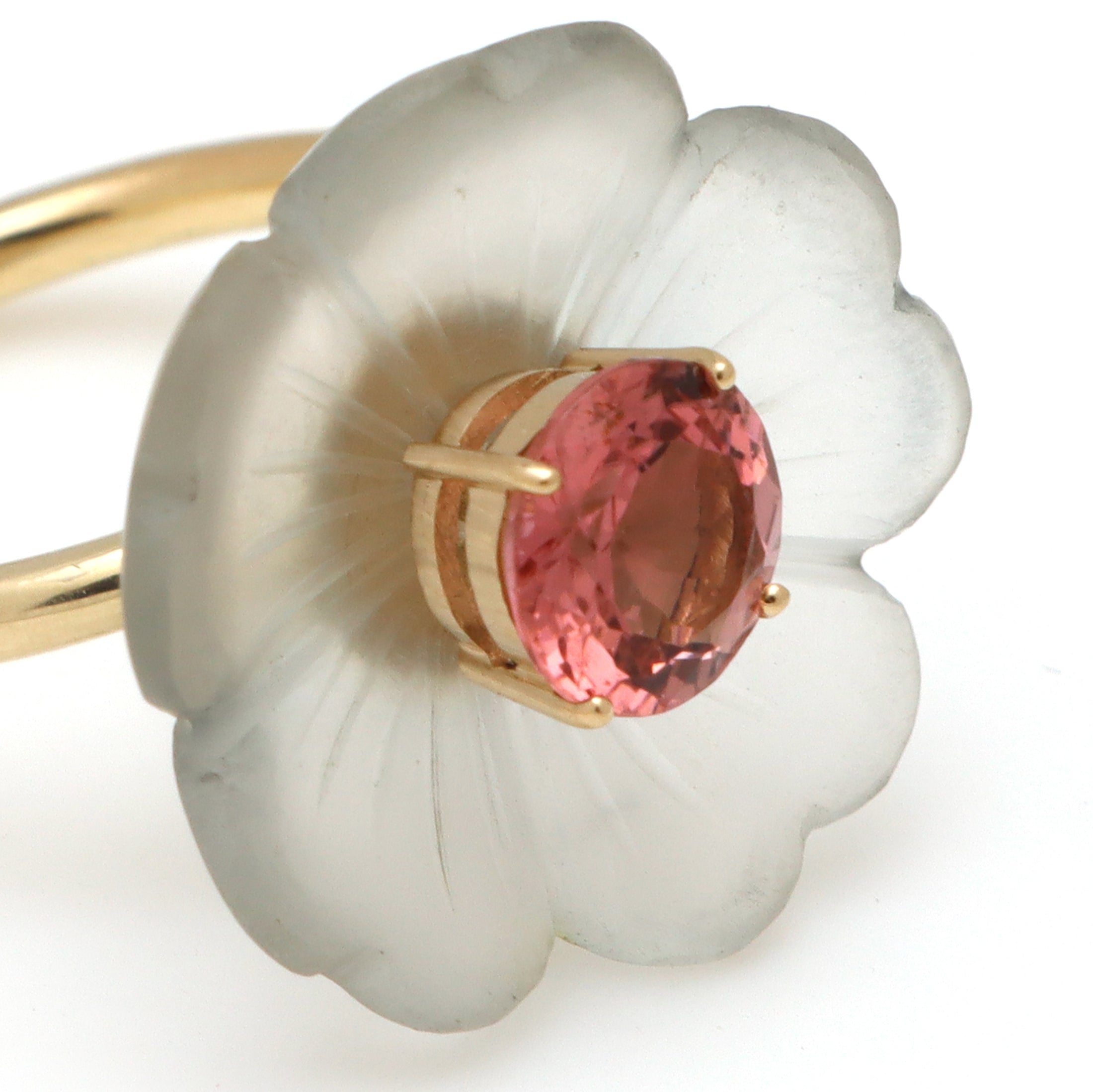 Natural Crystal Carving and Pink Tourmaline 14K gold ring side angle - NFJSD-1621