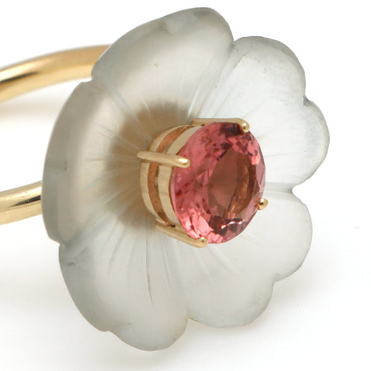 Natural Crystal Carving and Pink Tourmaline 14K gold ring side angle - NFJSD-1621