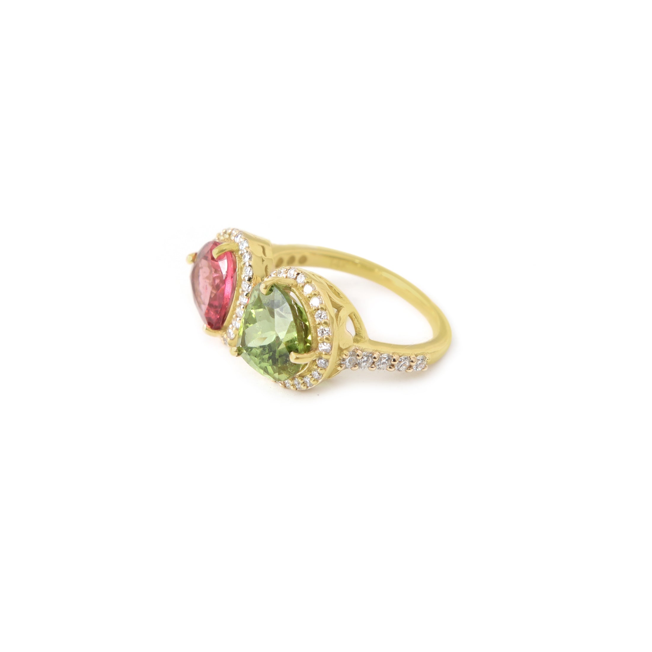 Natural Pink Tourmaline and Green Tourmaline 14K gold ring close-up detail - NFJSD-1983