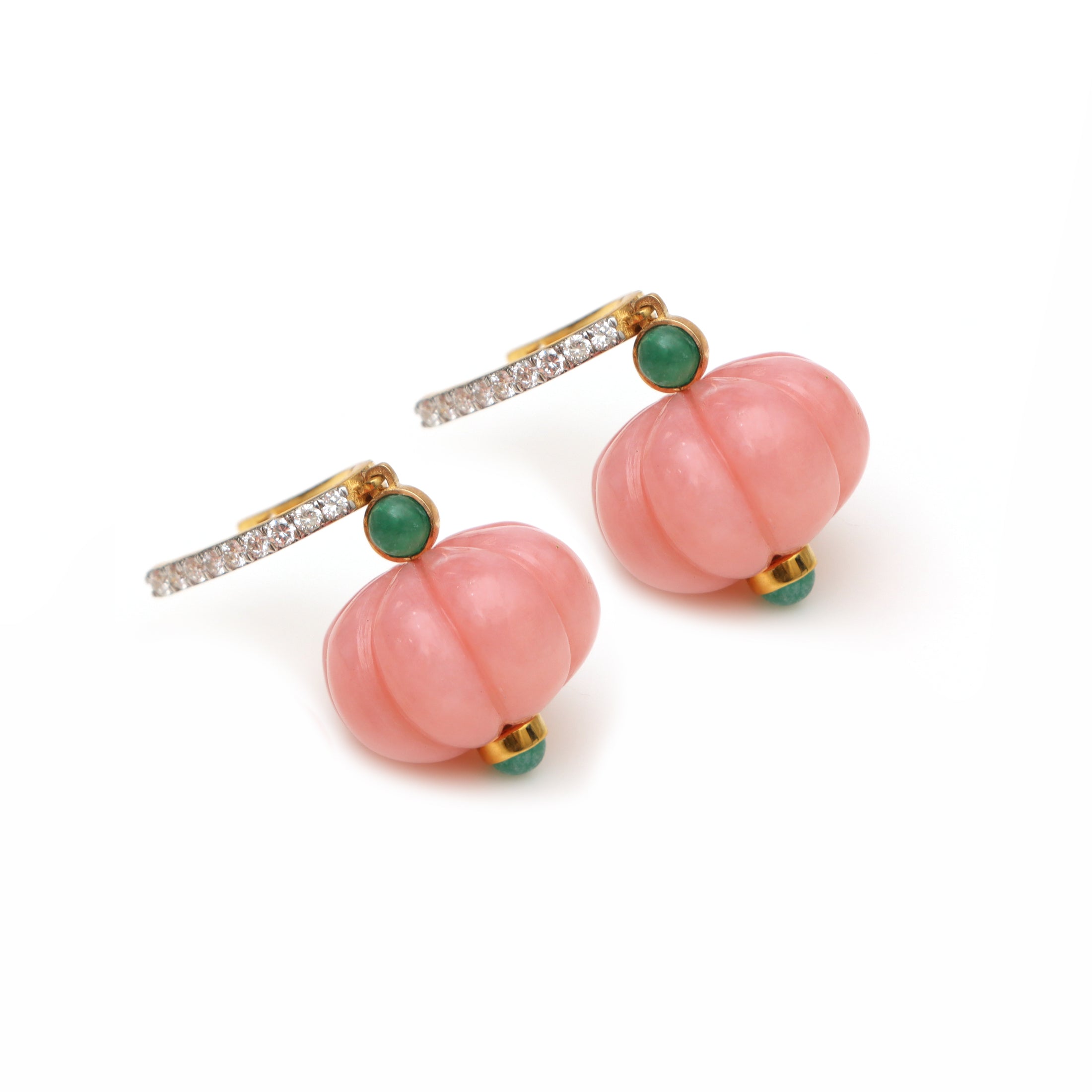 Natural Emerald Round Cabs and Pink Opal Carving Beads 14K gold earrings close-up detail - NFJSD-1335