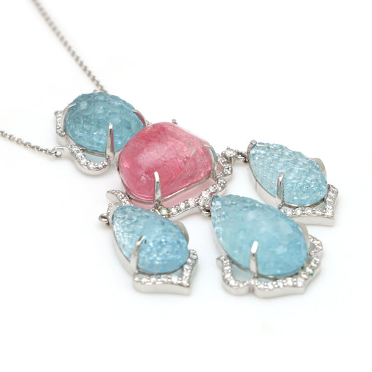Natural Aqua and Tourmaline 18K gold necklace side angle - NFJSD-1679