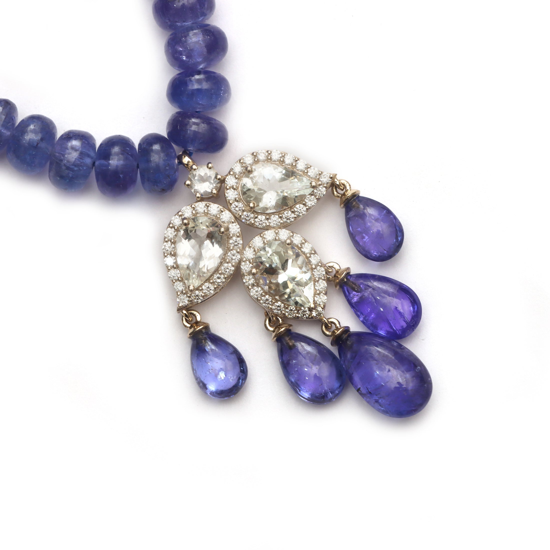 Natural White Aquamarine and Tanzanite 18K gold necklace side angle - NFJSD-1949