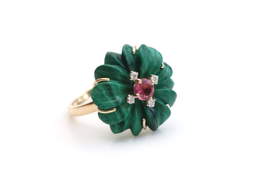 Natural Tourmaline Round Cut and Malachite Carving Flower 14K gold ring front view - NFJSD-1111