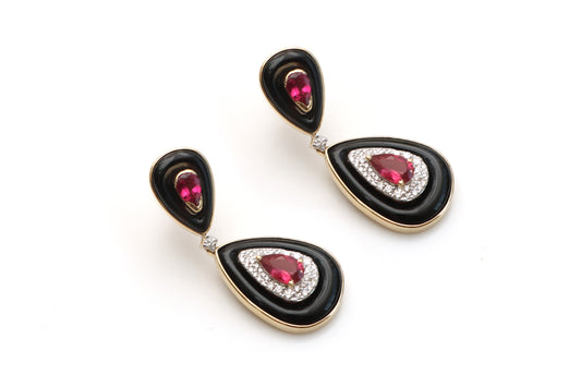 Natural Tourmaline Pear Cut and Black Onyx Frames 14K gold earrings front view - NFJSD-1137