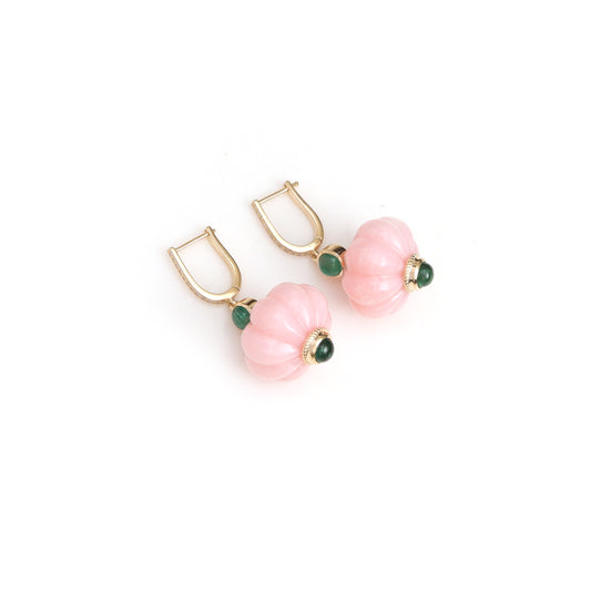 Natural Pink Opal and Emerald 14K gold earrings front view - NFJSD-2042