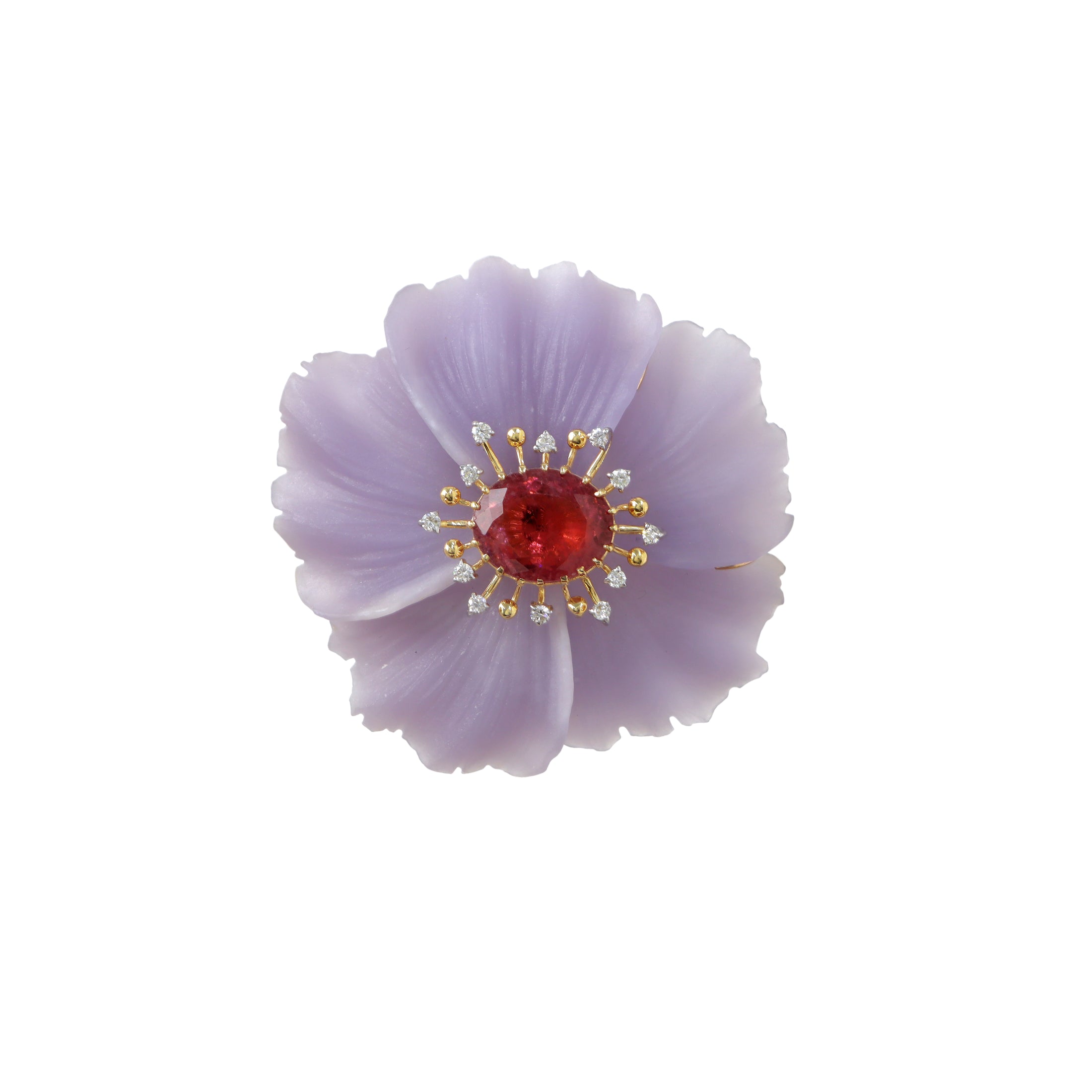 Natural Yttrium Fluorite Carving Flower and Pink Tourmaline 14K gold pendant / brooch back view - NFJSD-1934