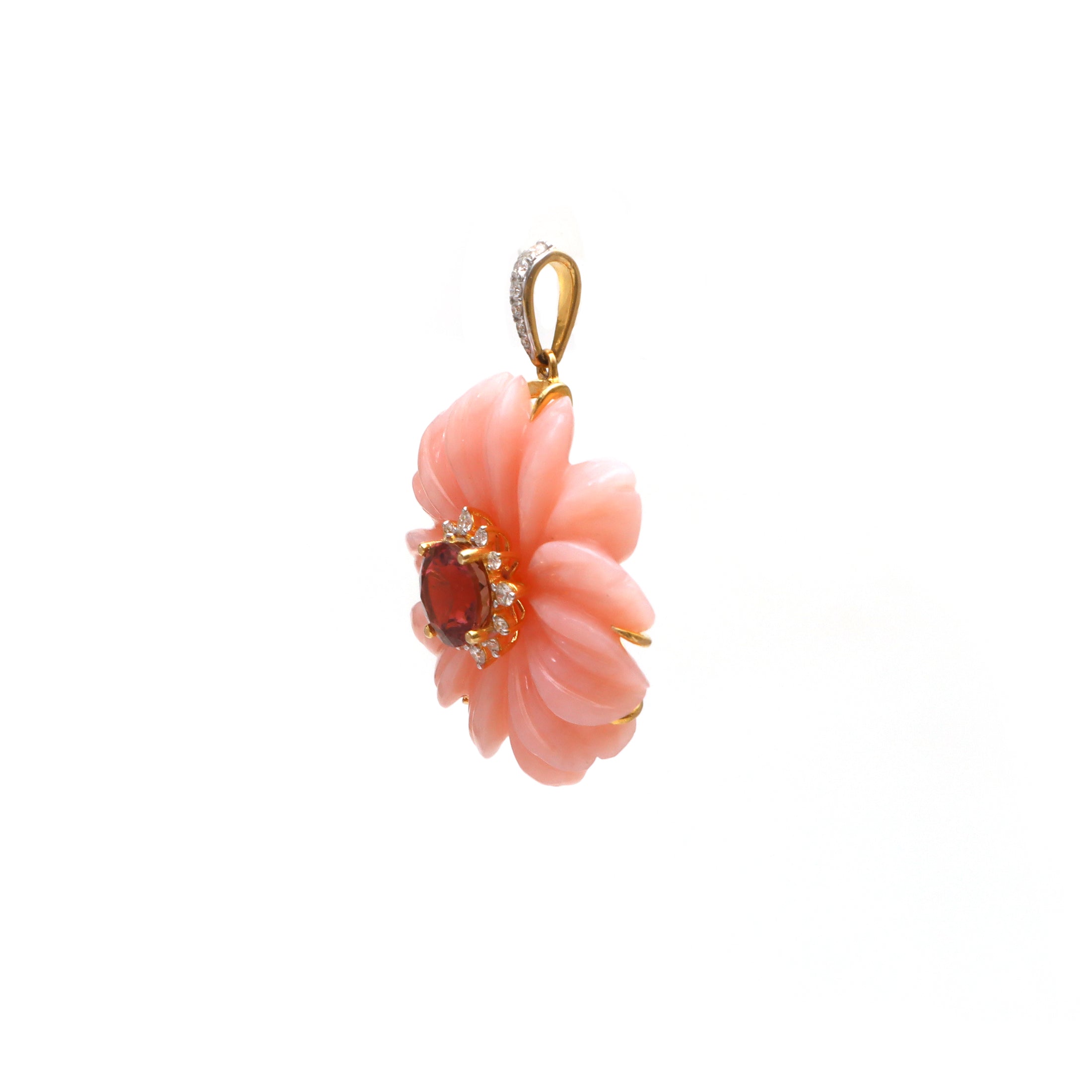 Natural Pink Opal and Tourmaline 14K gold pendant back view - NFJSD-1642