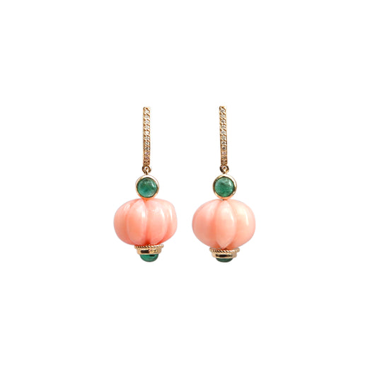 Natural Pink Opal and Emerald 14K gold earrings front view - NFJSD-2026