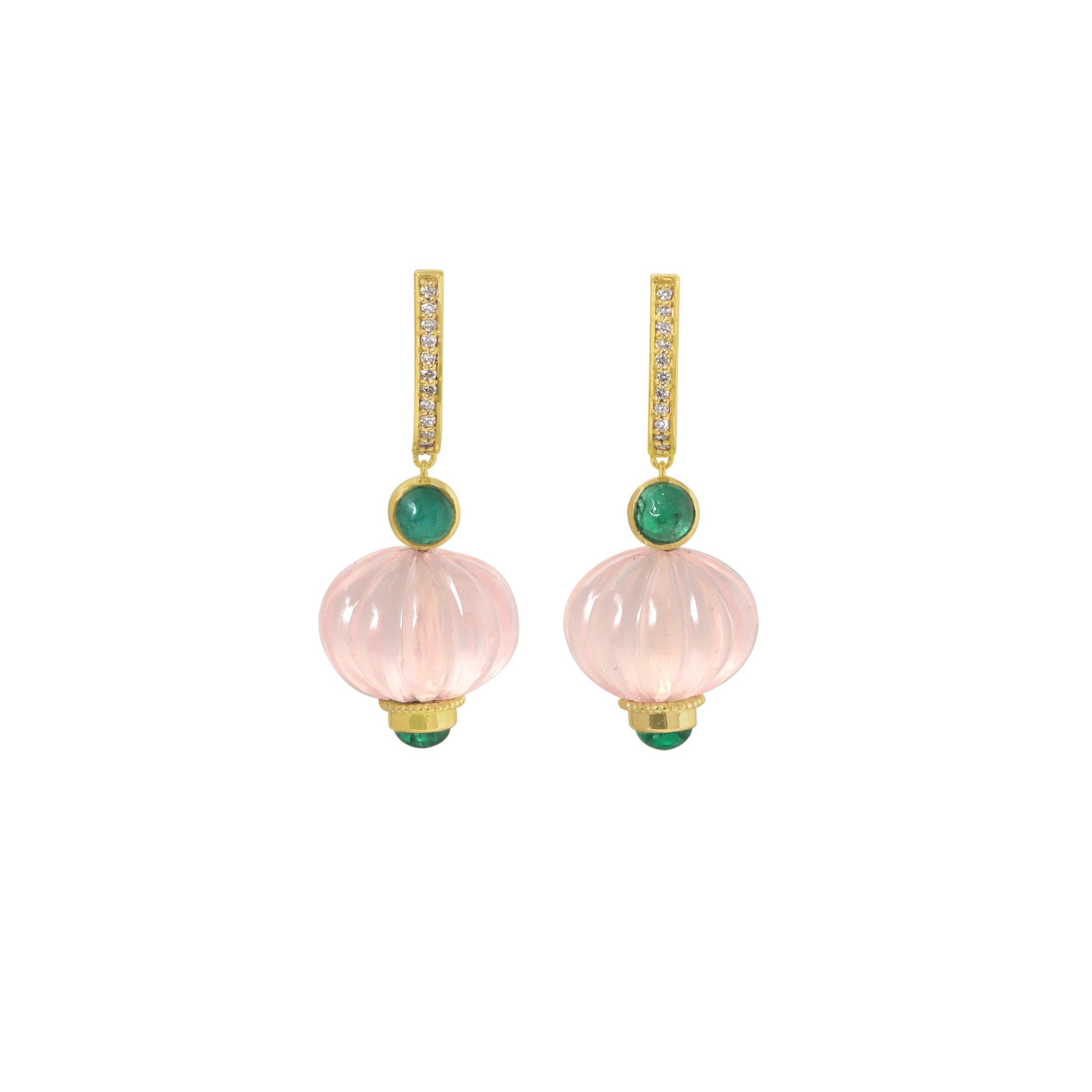 Natural Rose Quartz and Emerald 14K gold earrings front view - NFJSD-1913
