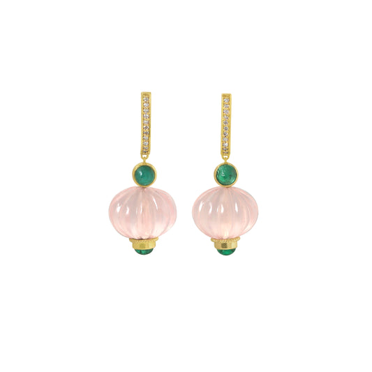 Natural Rose Quartz and Emerald 14K gold earrings front view - NFJSD-1913