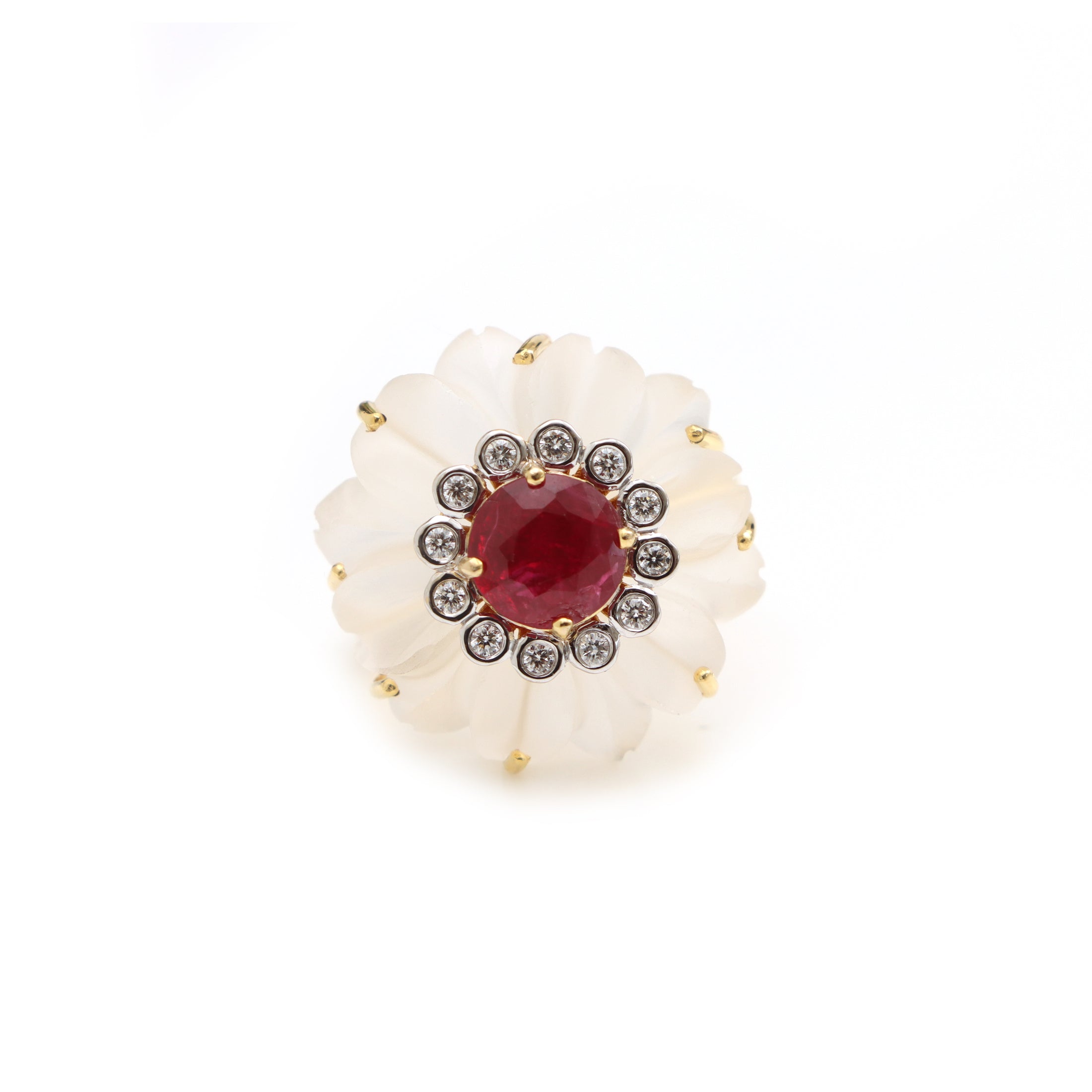Natural Ruby Round Cut and Crystal Quartz Carving  Flower 14K gold ring front view - NFJSD-1245