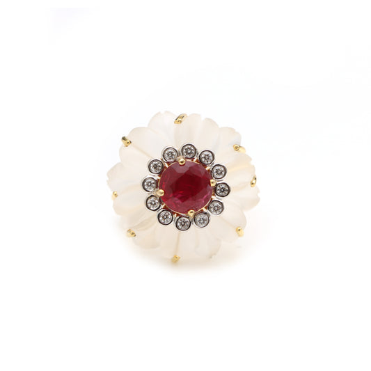 Natural Ruby Round Cut and Crystal Quartz Carving  Flower 14K gold ring front view - NFJSD-1245