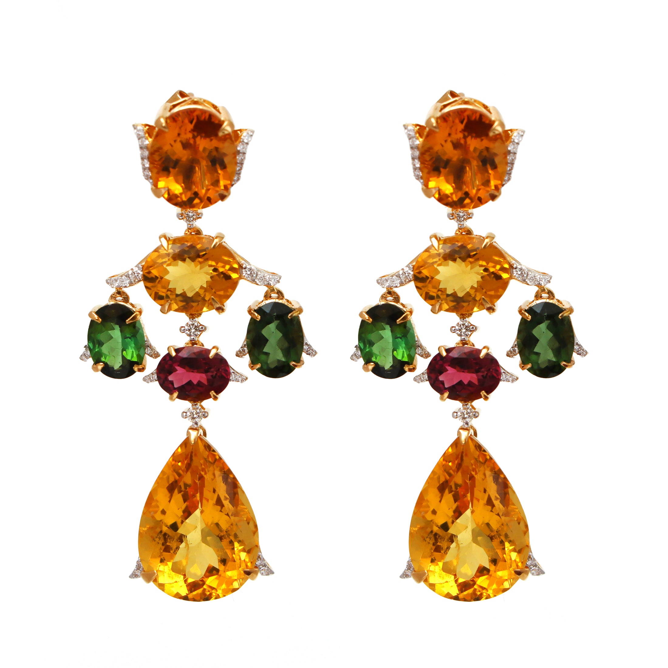 Natural Tourmaline and Yellow Aqua 18K gold earrings front view - NFJSD-1598