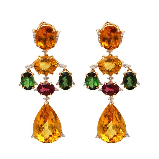 Natural Tourmaline and Yellow Aqua 18K gold earrings front view - NFJSD-1598