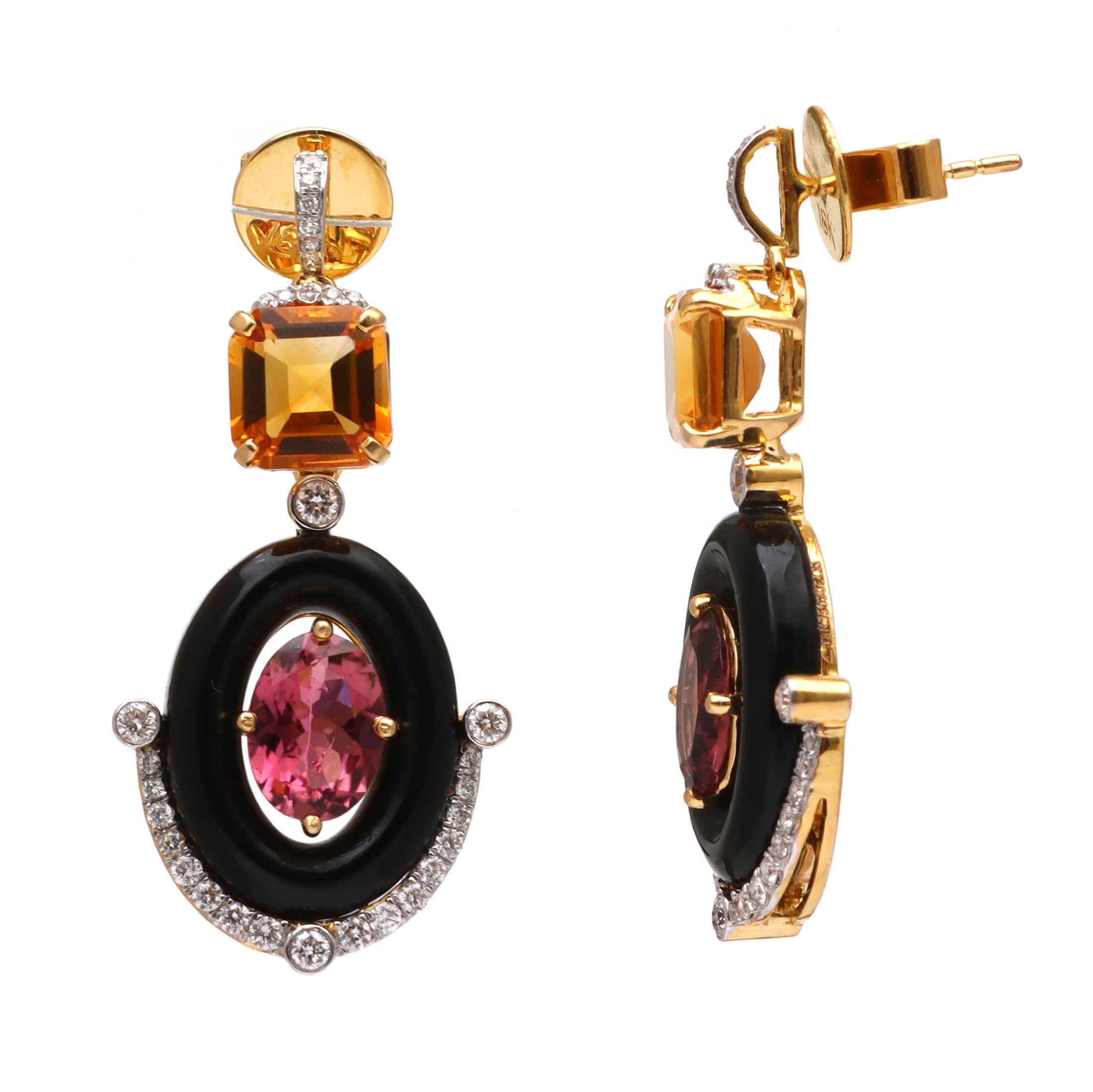 Natural Black Onyx and Citrine 18K gold earrings close-up detail - NFJSD-1657