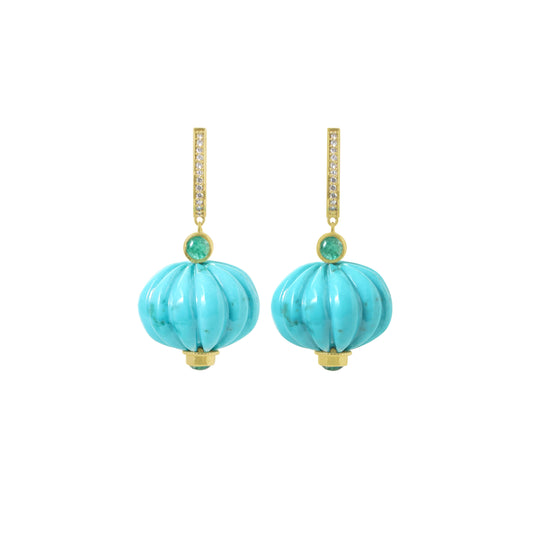 Natural Turquoise and Emerald 14K gold earrings front view - NFJSD-1903