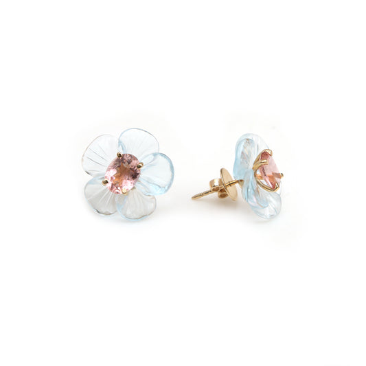 Natural Blue Topaz and Peach Tourmaline 14K gold earrings front view - NFJSD-2053