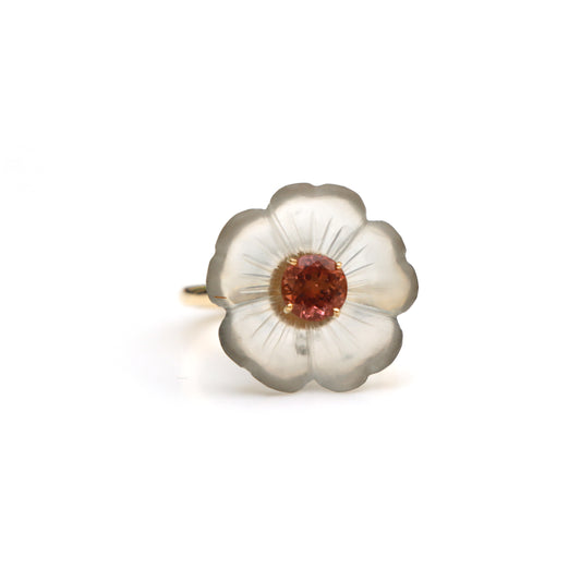 Natural Crystal Carving and Pink Tourmaline 14K gold ring front view - NFJSD-1553